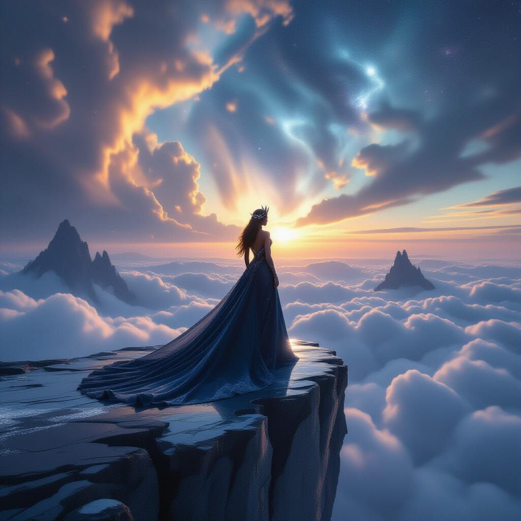 Elven Queen on Crystalline Precipice Overlooking Nebula