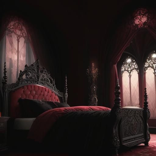 Beautiful red and black gothic bed& hyperdetailed art nouvea...