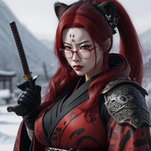 Snow Leopard Neko Samurai in Ancient Japan