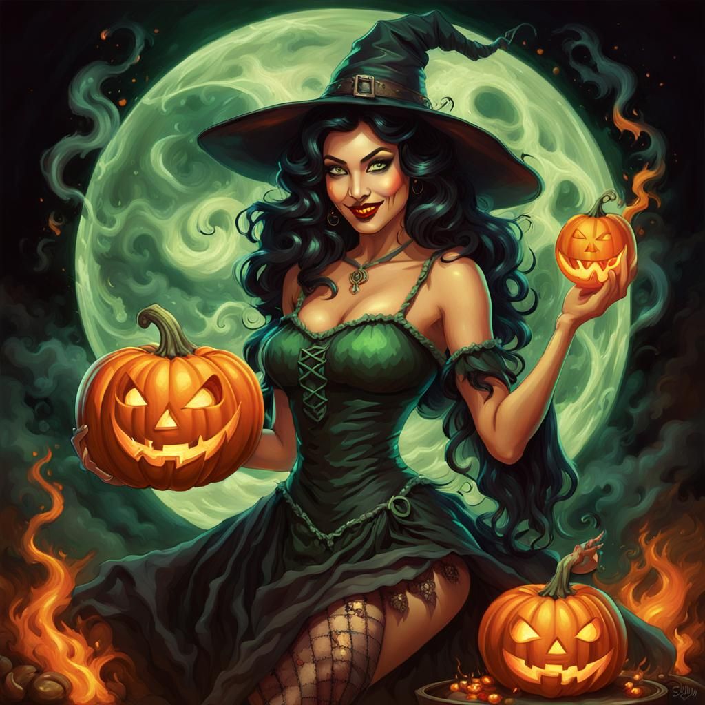 Latina Witch Pin-Up with Flaming Pumpkin