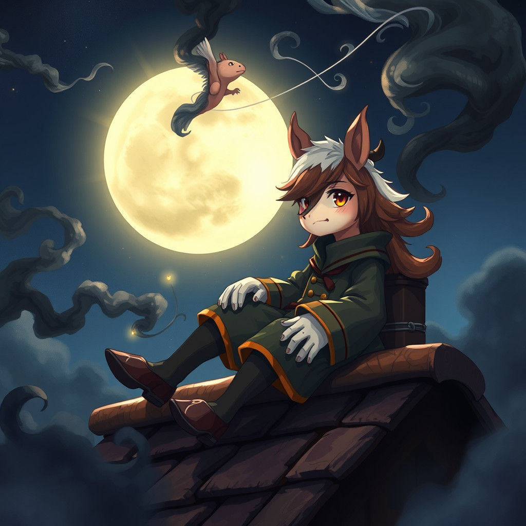 Anime Centaur Chimney Sweep on Moonlit Roof