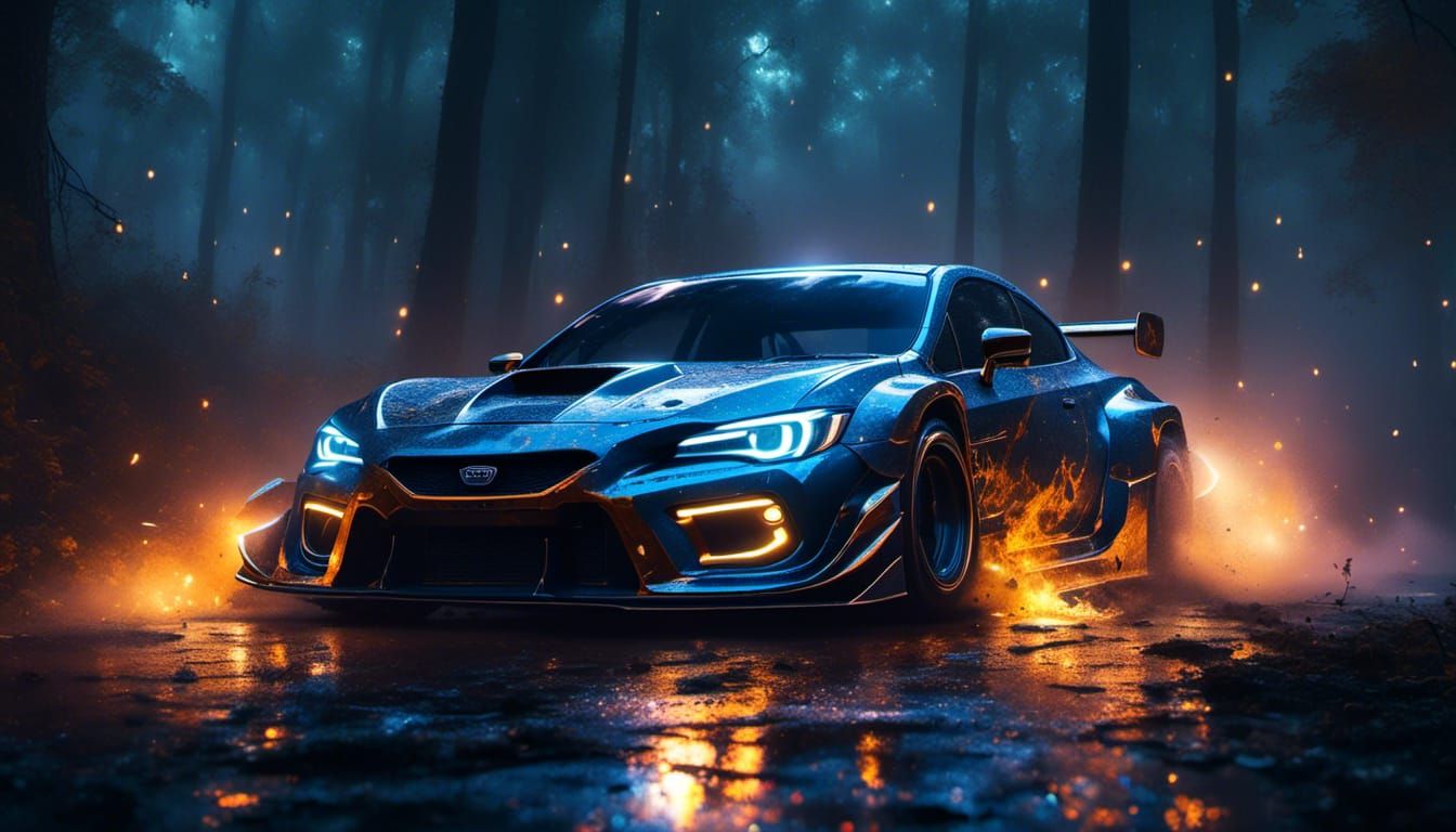 Futuristic Subaru WRX Races Through Misty Forest