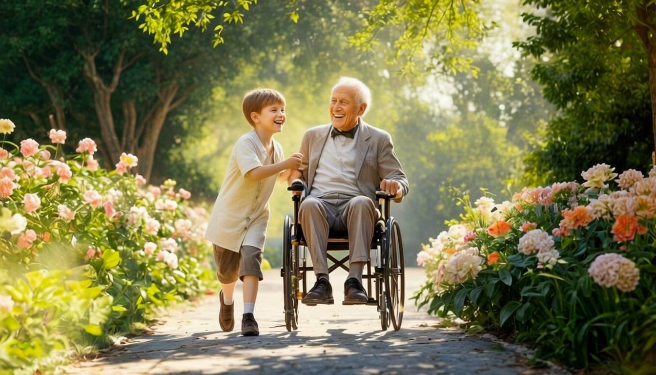 Boy Pushes Grandfather's Wheelchair in Sunlit Park