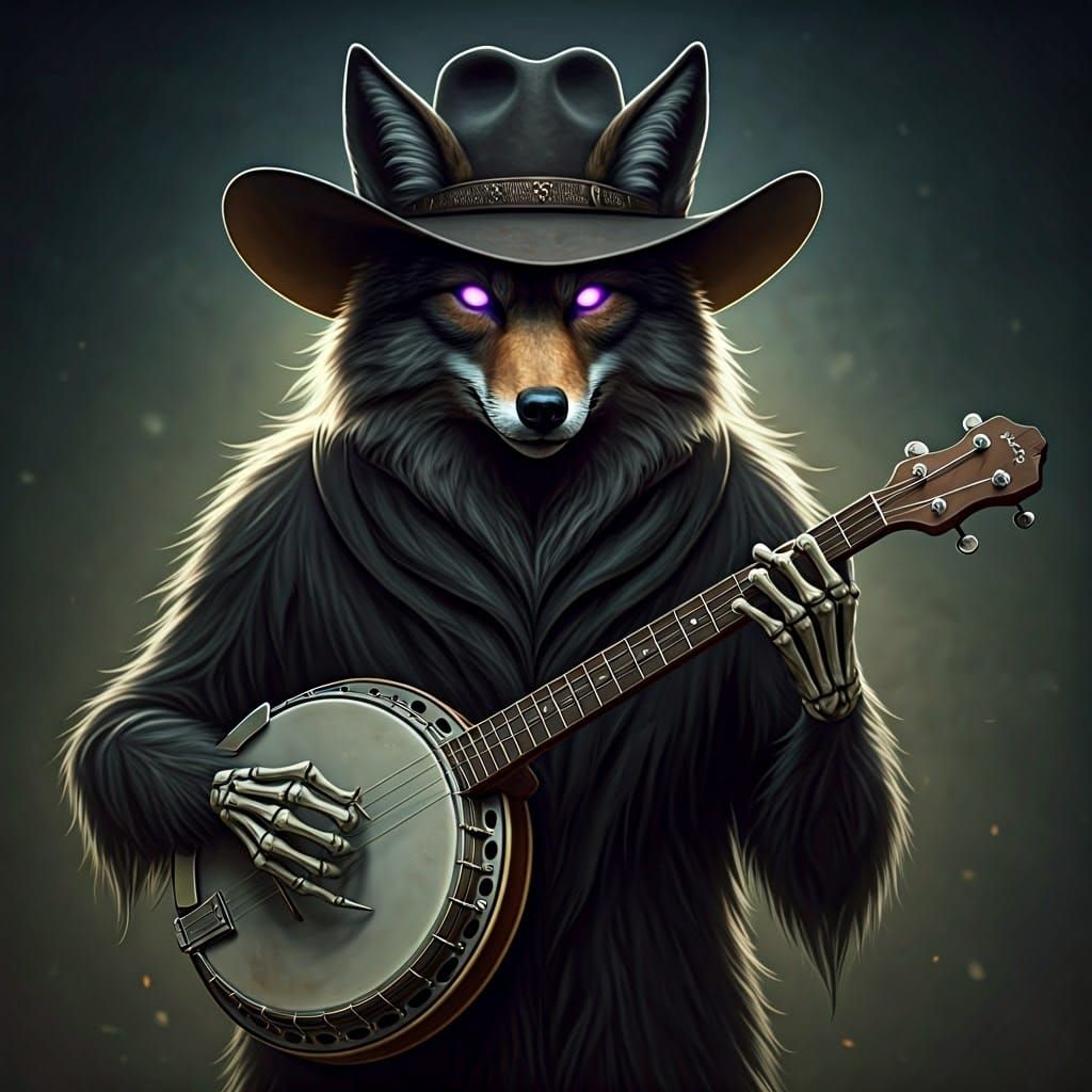 Skeletal Coyote Plays Banjo in Macabre Art Style