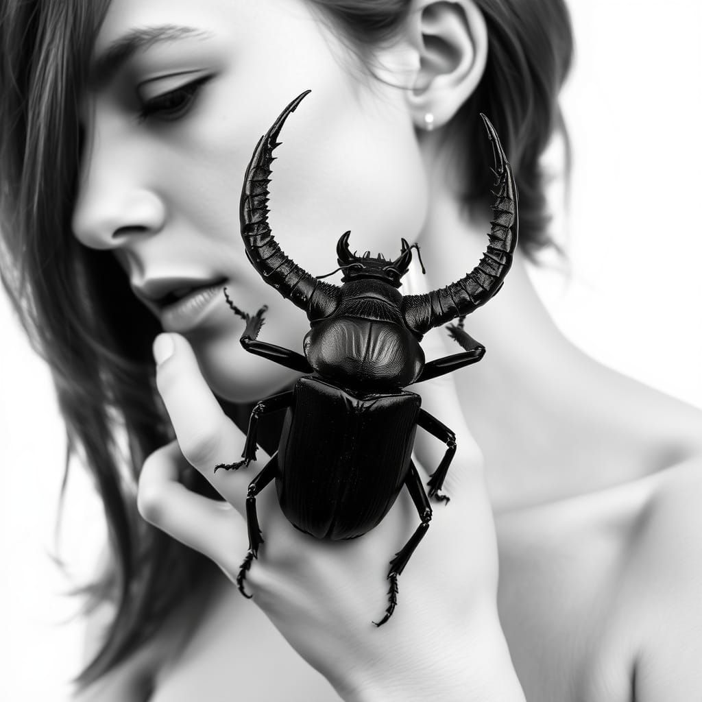 Woman Holding a Giant Stag Beetle in High Contrast Black and...