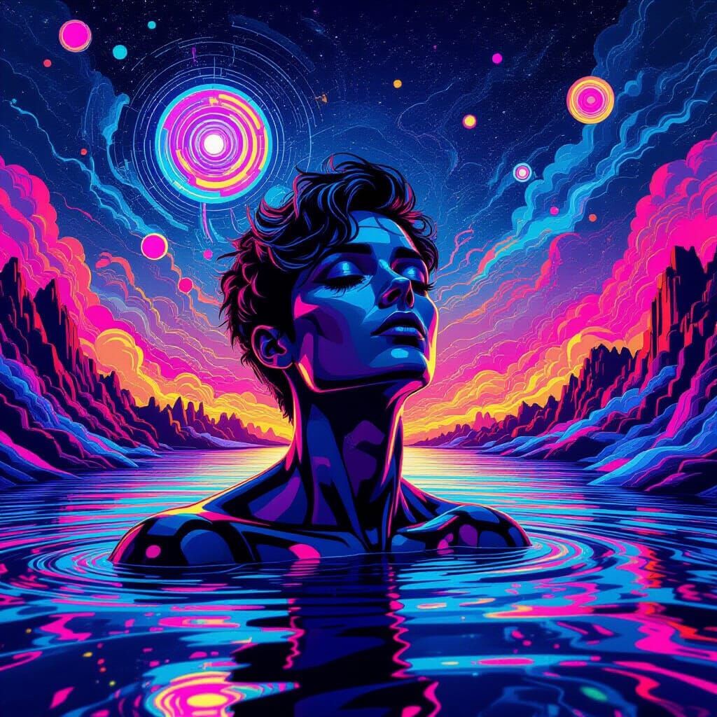 Mind Blown Figure in Dreamlike Techno-Color Landscape