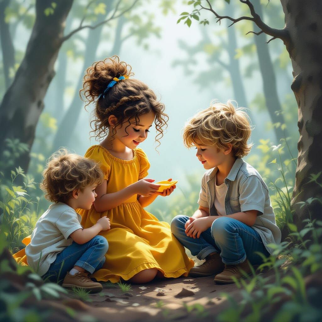 Three Fierce Dragons Play with Children in Misty Forest