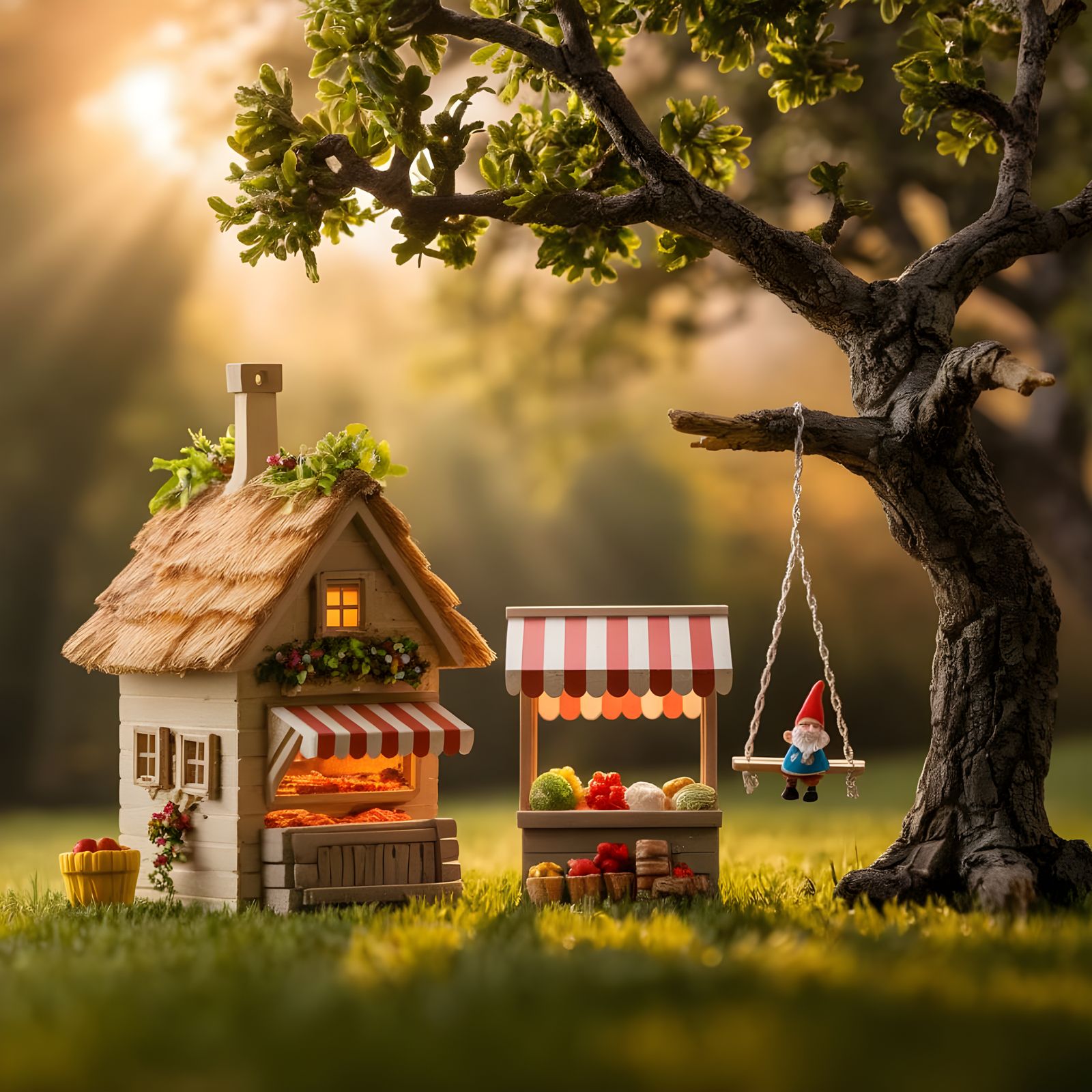 Whimsical Miniature Village Scene with Gnome-Sized Swing Set