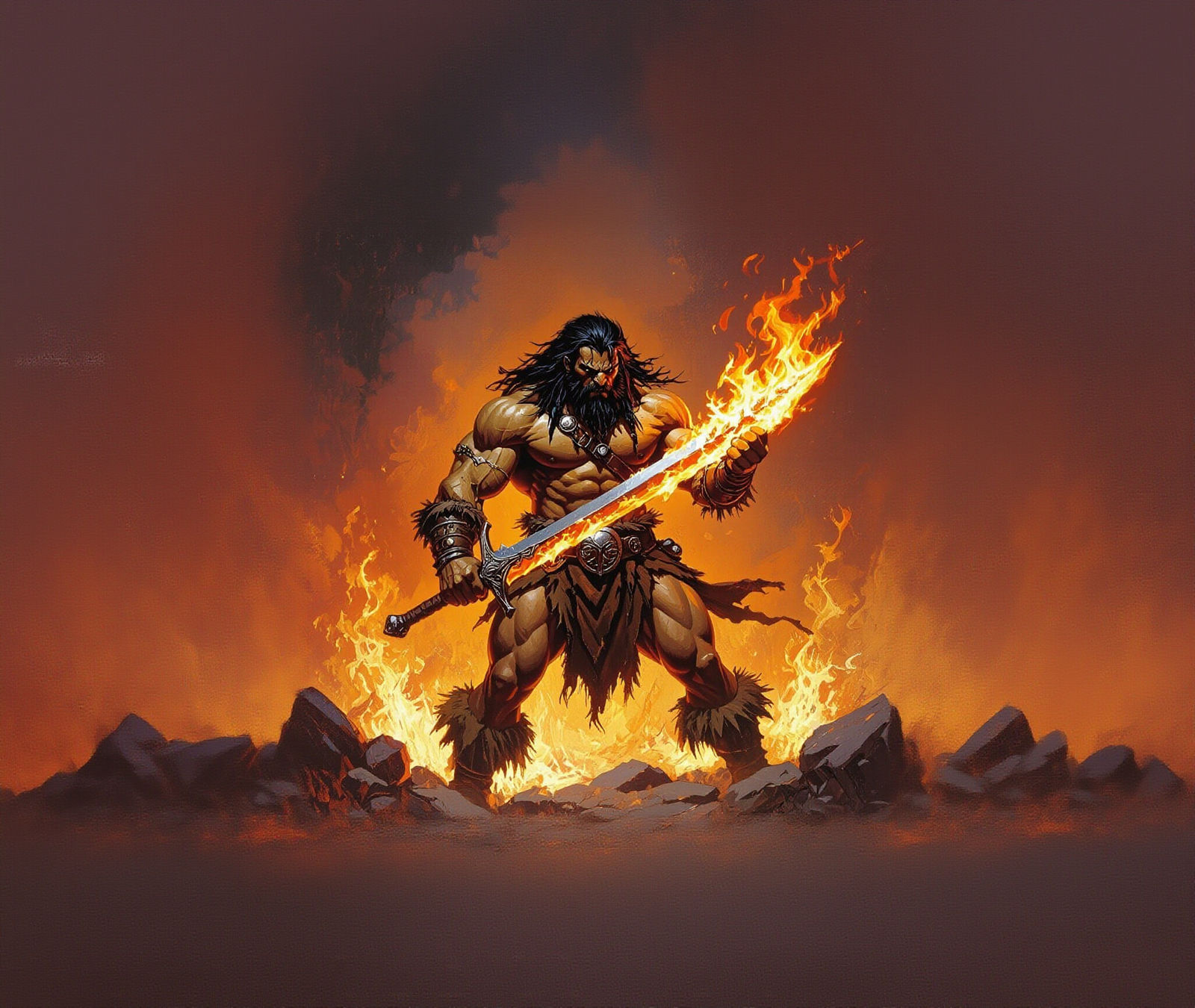 Fiery Barbarian with Fire Powers in Classic Fantasy Art
