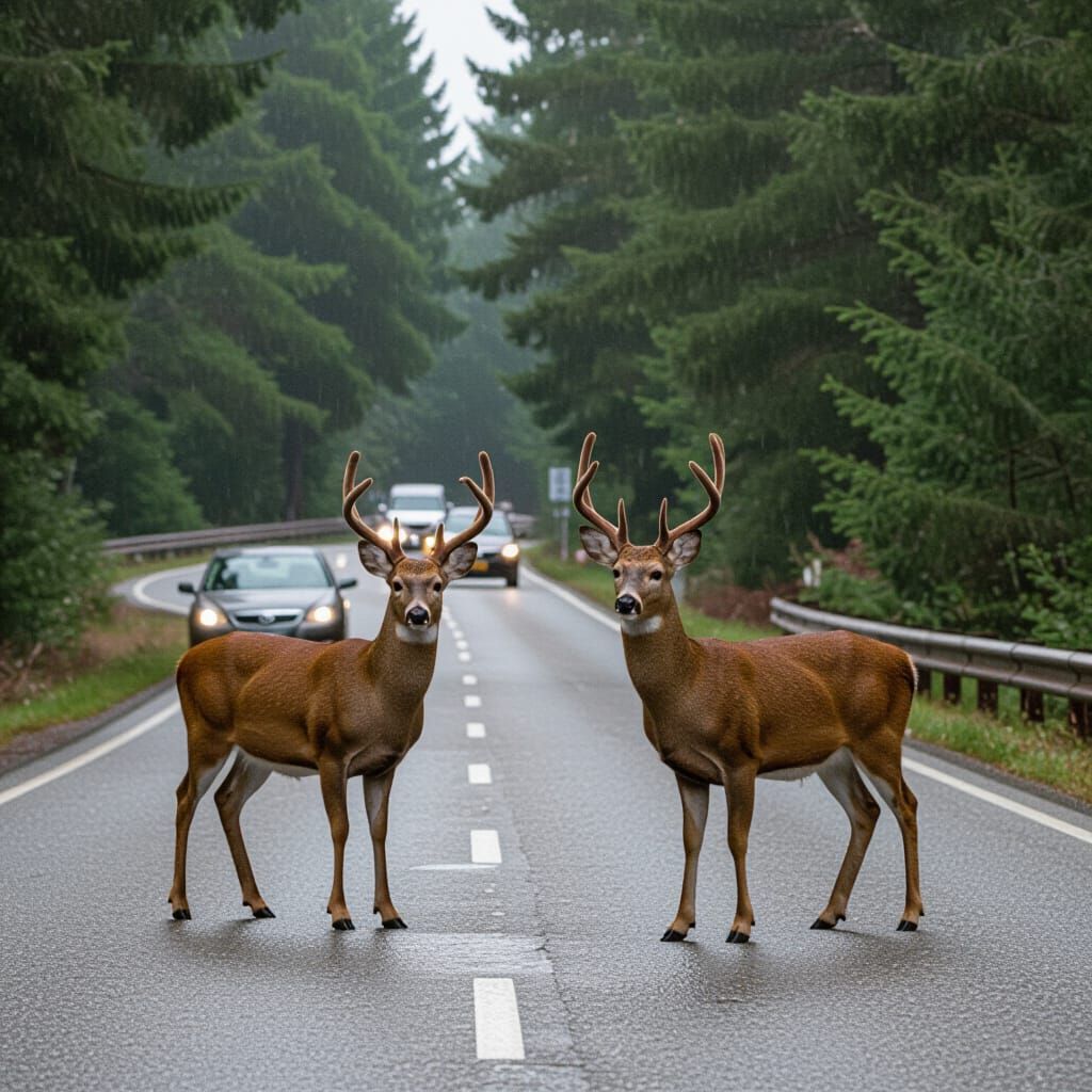 Deer in the Rain on a Road