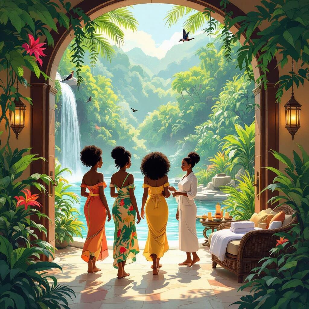 African American Women at Tropical Spa Retreat