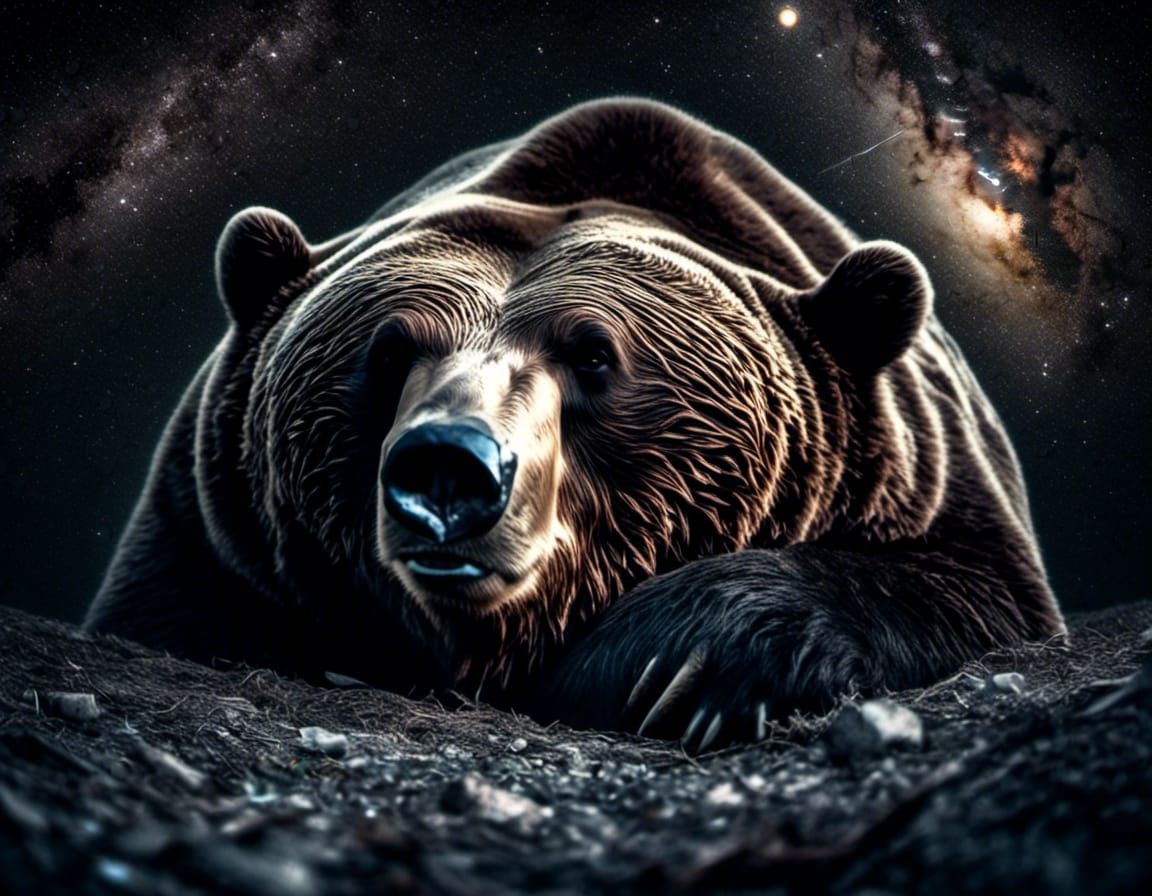 Hyperrealistic Portrait: Sleepy Bear Under the Stars