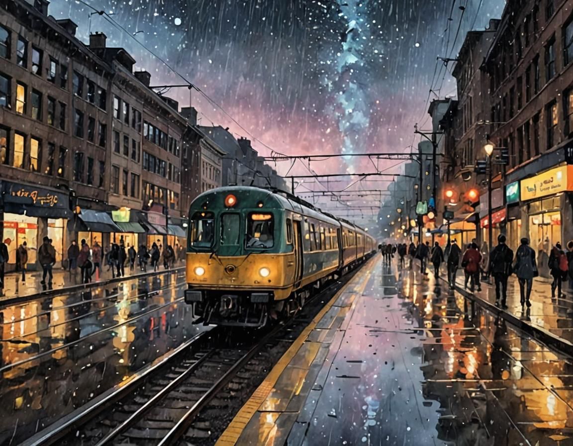 Dreamy Cityscape with Trains in Watercolor Style