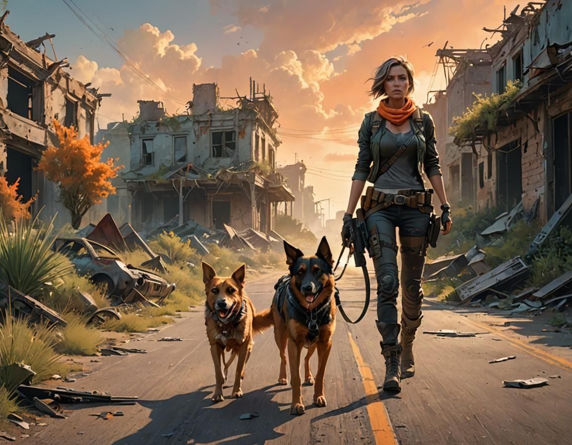 Woman and Dog in Post-Apocalyptic Wasteland