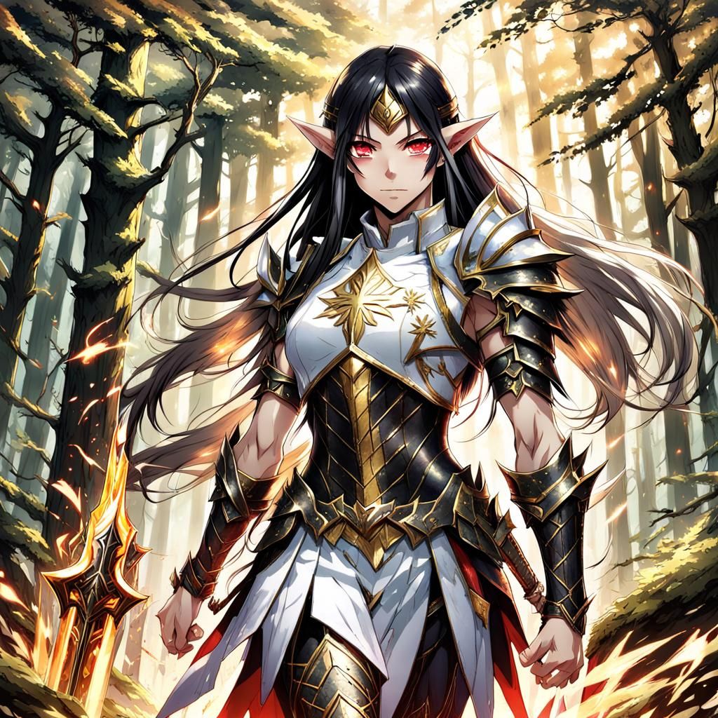 Muscular Elf Warrior in Magical Forest, Anime Style