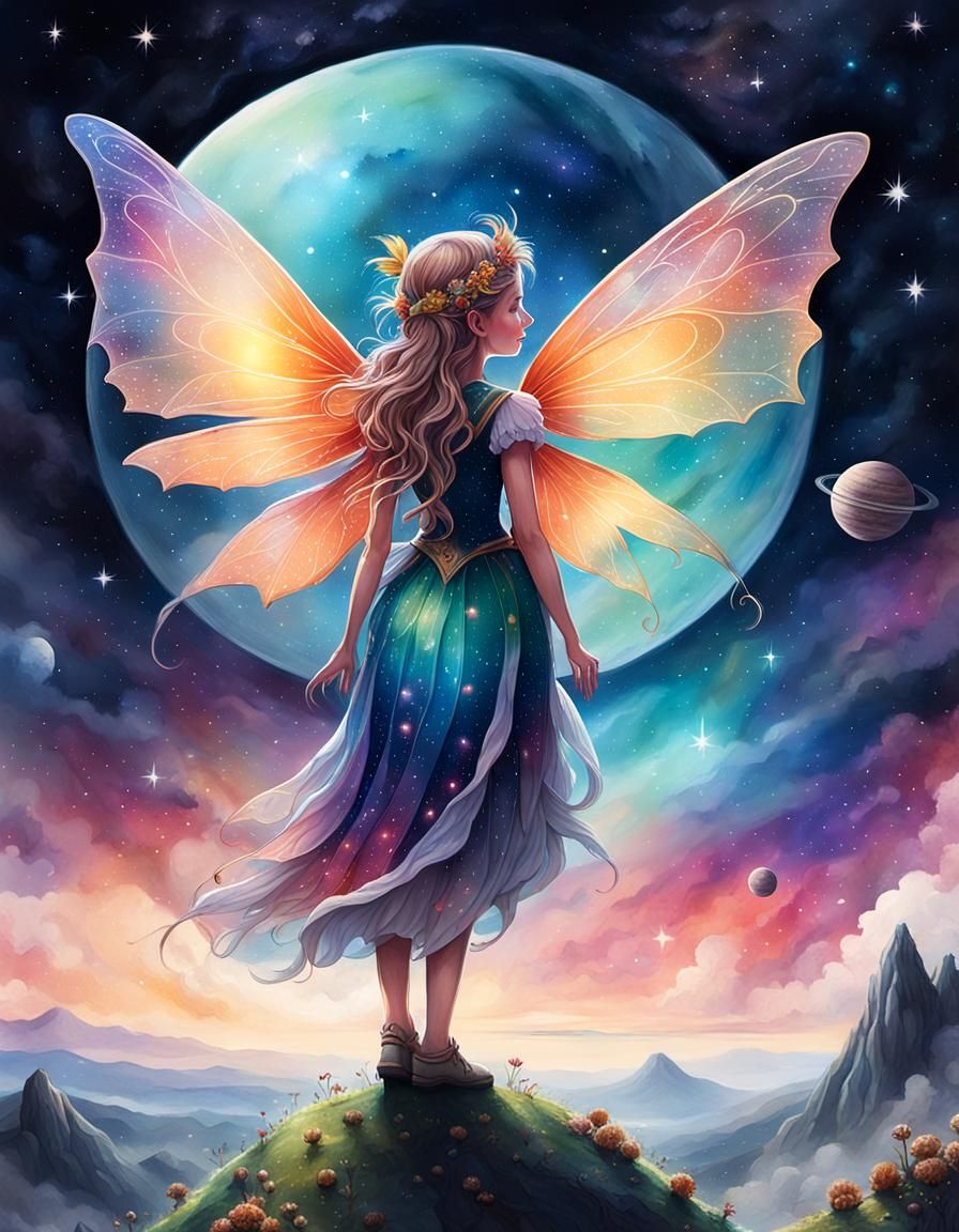 Fairy Gazing at Night Sky Watercolor Art