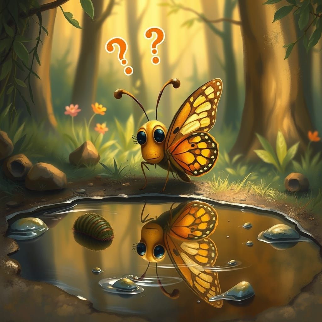 Butterfly's Confused Reflection: Whimsical Oil Painting