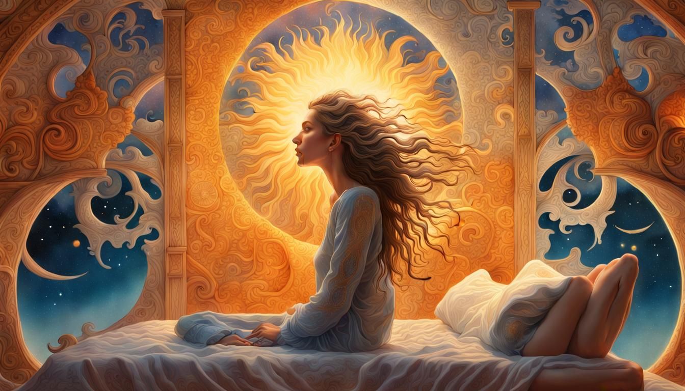 Surreal Reflection: Woman in Sun and Moon Bed