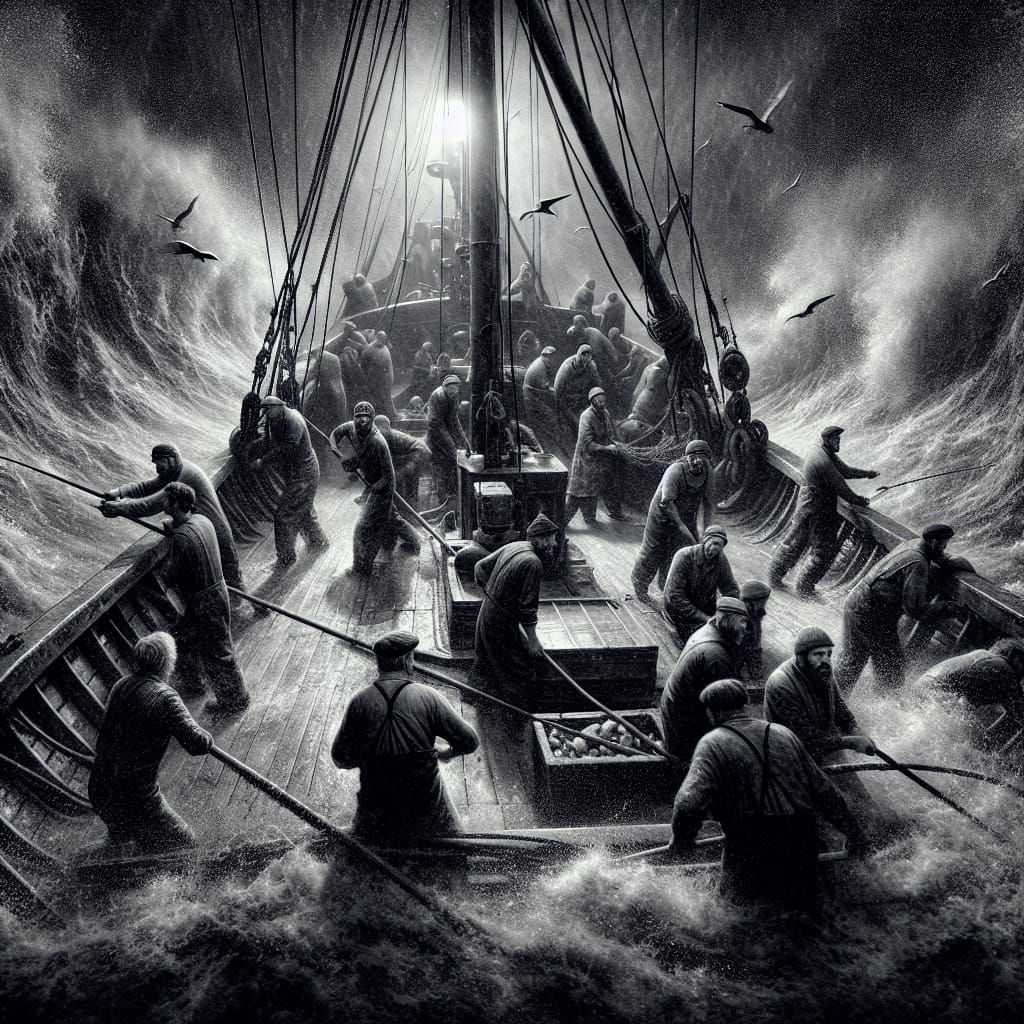 Vintage Photo of Fishermen on Trawler at Night