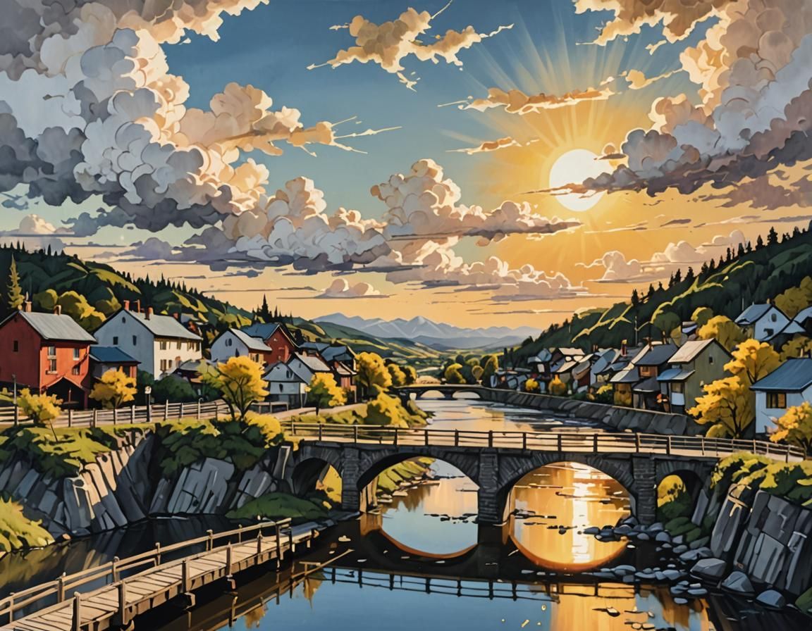 Remote Town at Sunset: Detailed Gouache Painting