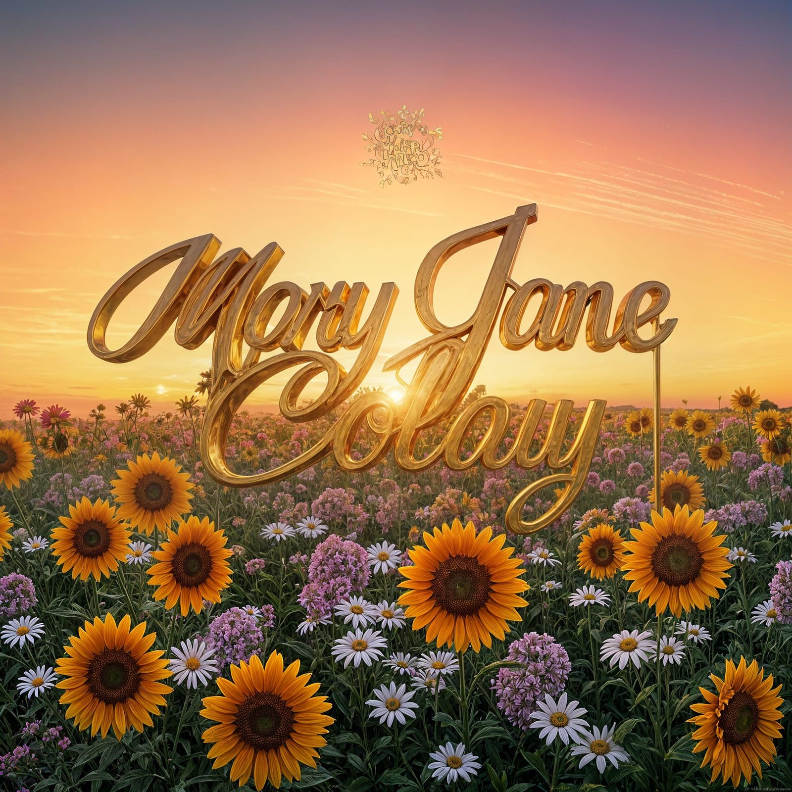 Golden Sign in Flower Field: Graffiti Art Sunset