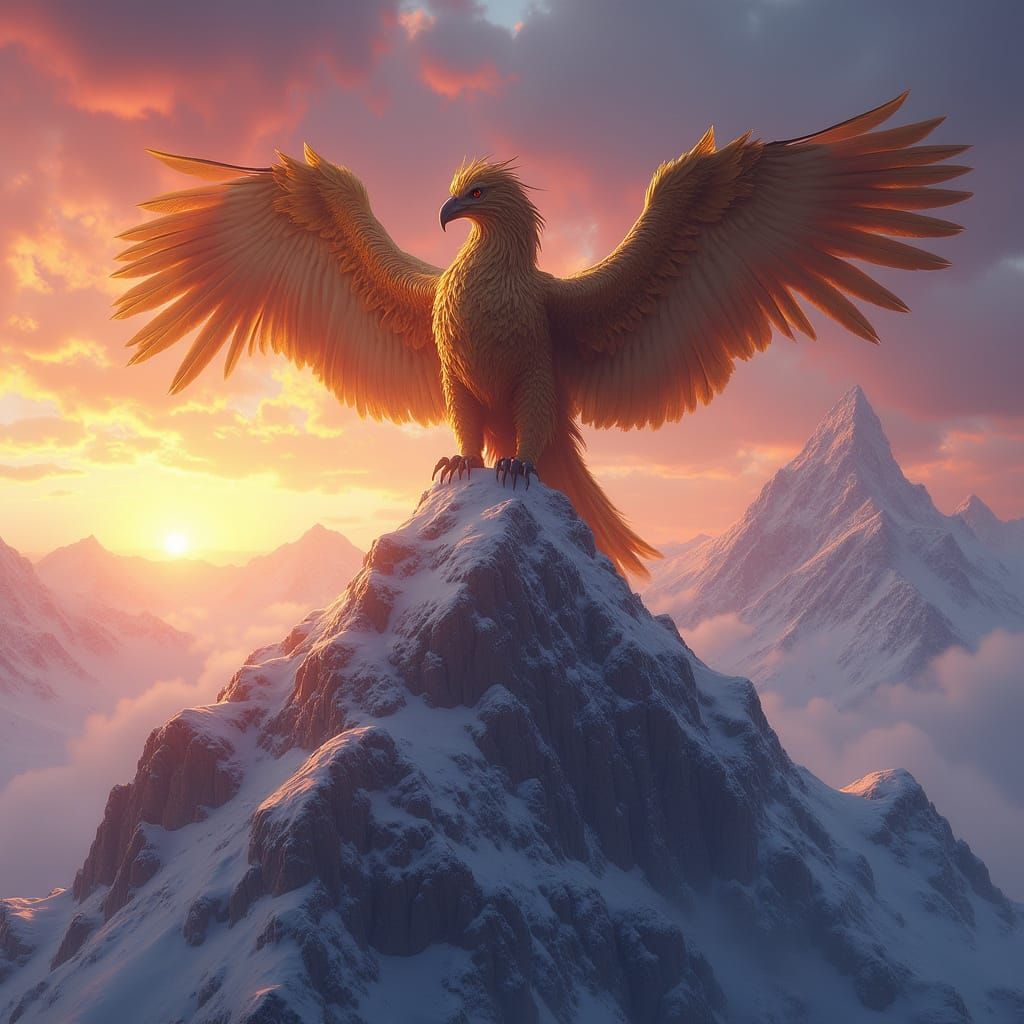 Golden Griffin Perched Atop Snowy Mountain Peak