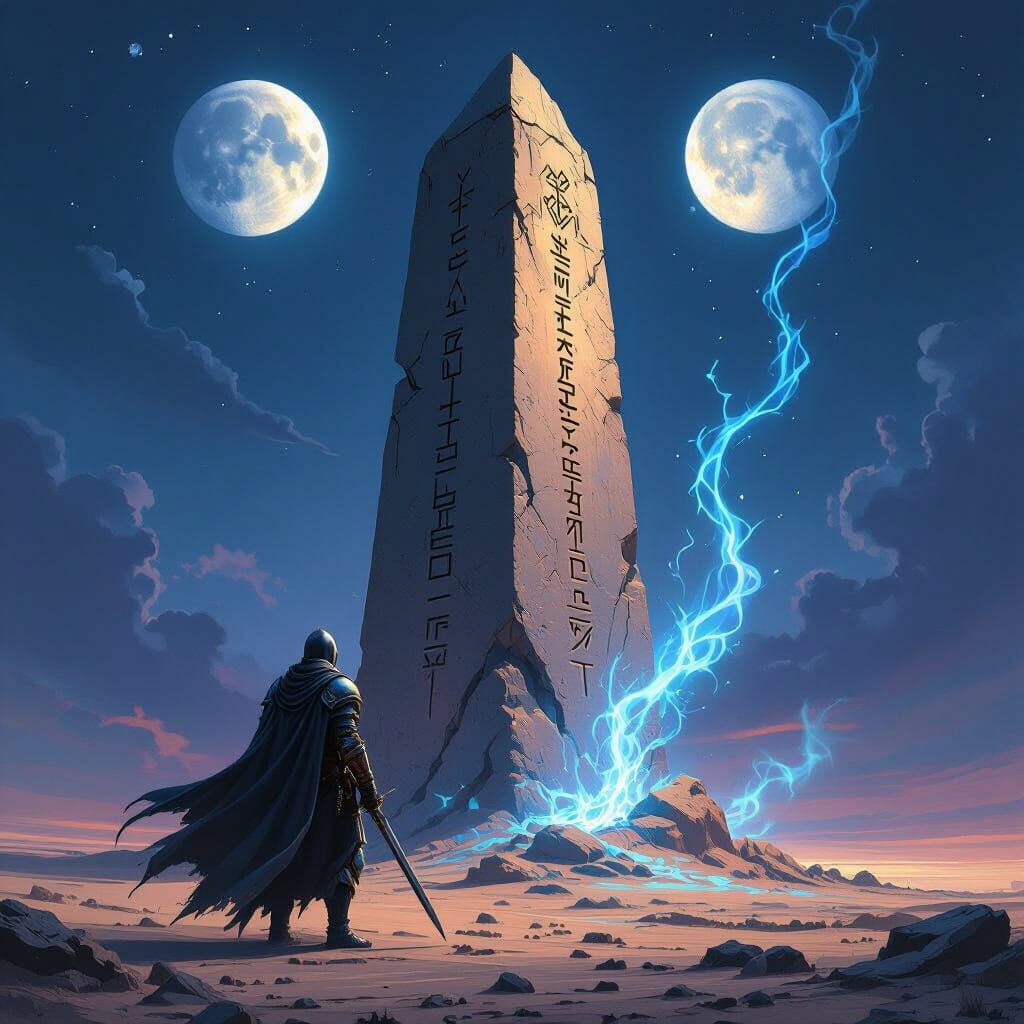 Explorer Before Ancient Runed Obelisk Under Twin Moons