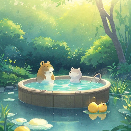Whimsical Anime Capybara in Serene Hot Tub Oasis