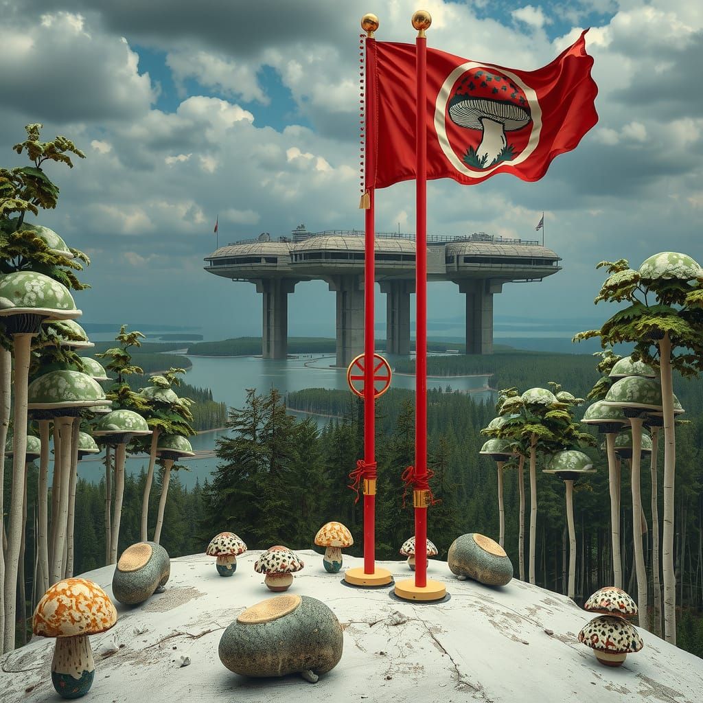 Surreal Postmodern Hyperreal Landscapes with Whimsical Mushr...