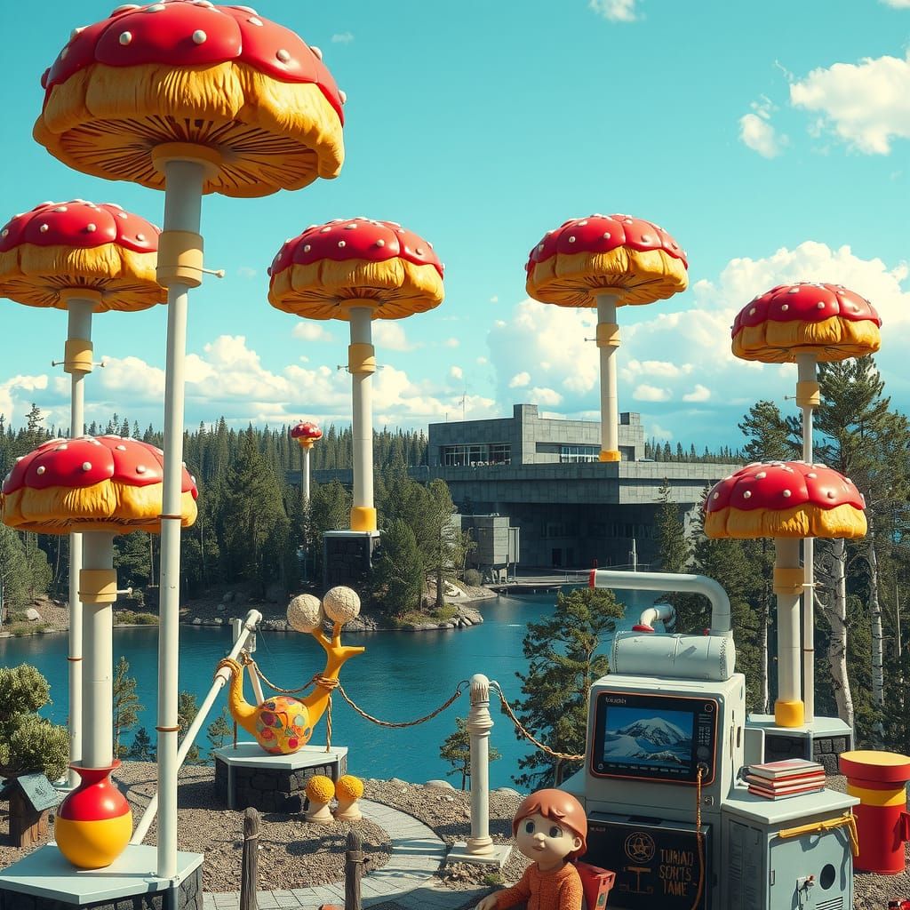 Surreal Dystopian Landscape with Vibrant Mushroom Flags and ...