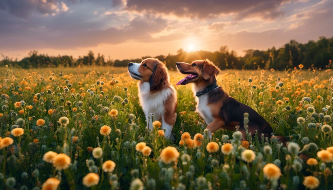 Canine Best Friends enjoying The Sunset in a Flower Field