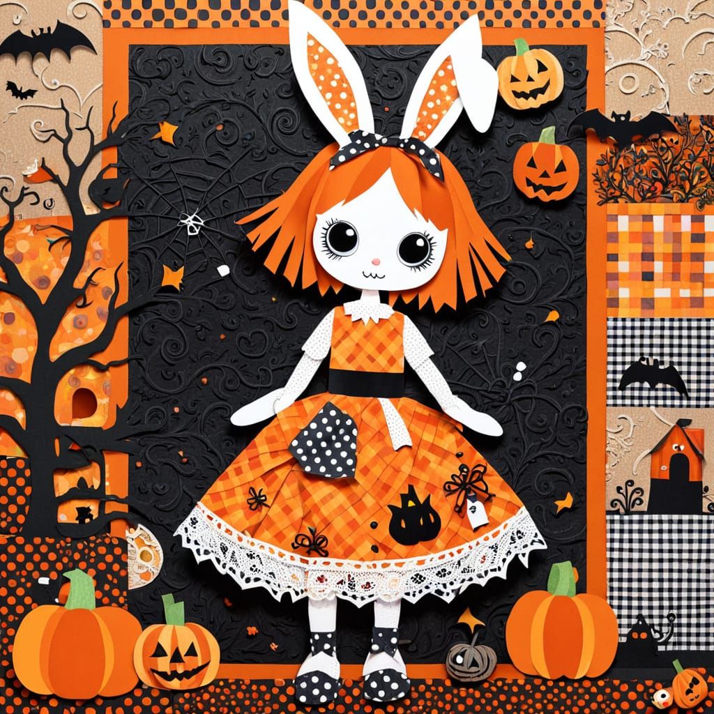 Halloween Bunny With Jack o Lantern in Cubist Mixed Media St...