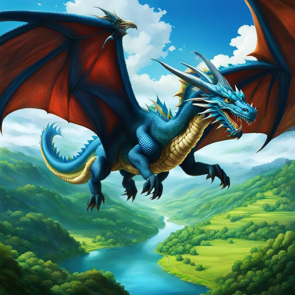 Blue Dragon Flight Over Green Valley