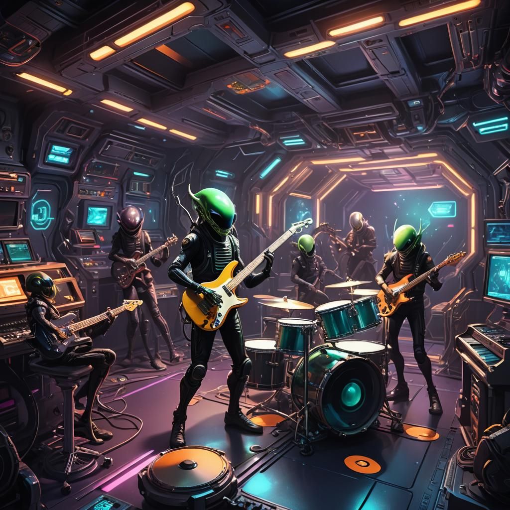 Alien Rock Band Plays Space Station Concert in Sci-Fi Art