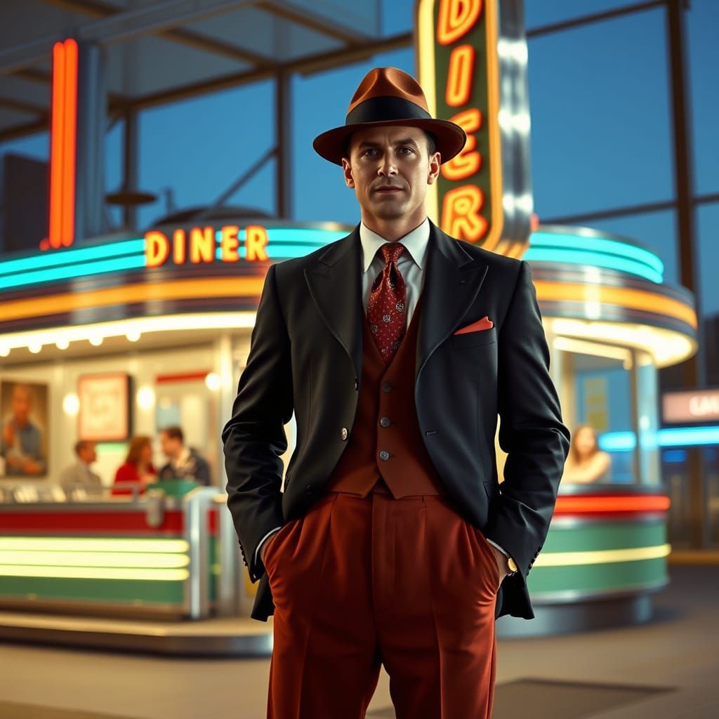 Man in Zoot Suit at 1950s Diner in Technicolor Style