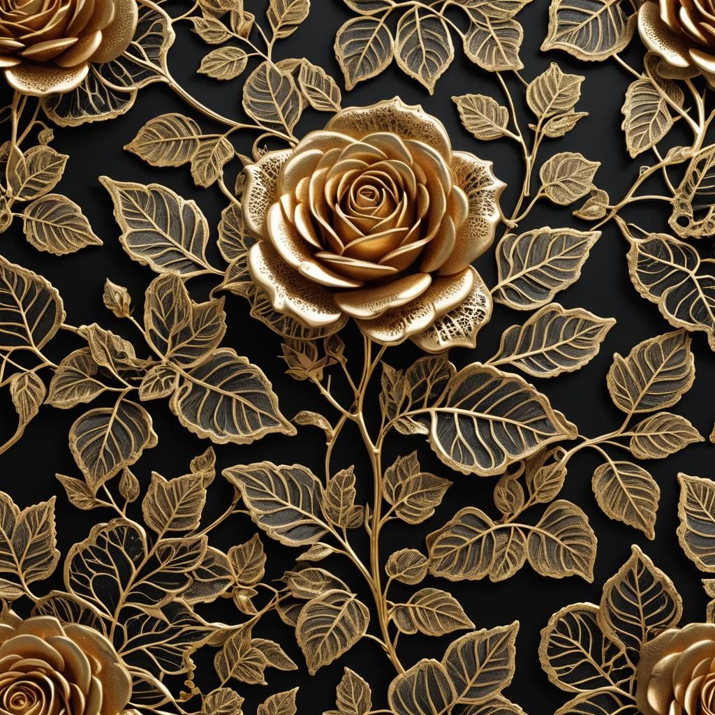 3d lace rose made of gold on a black lacquered background, viewed from above