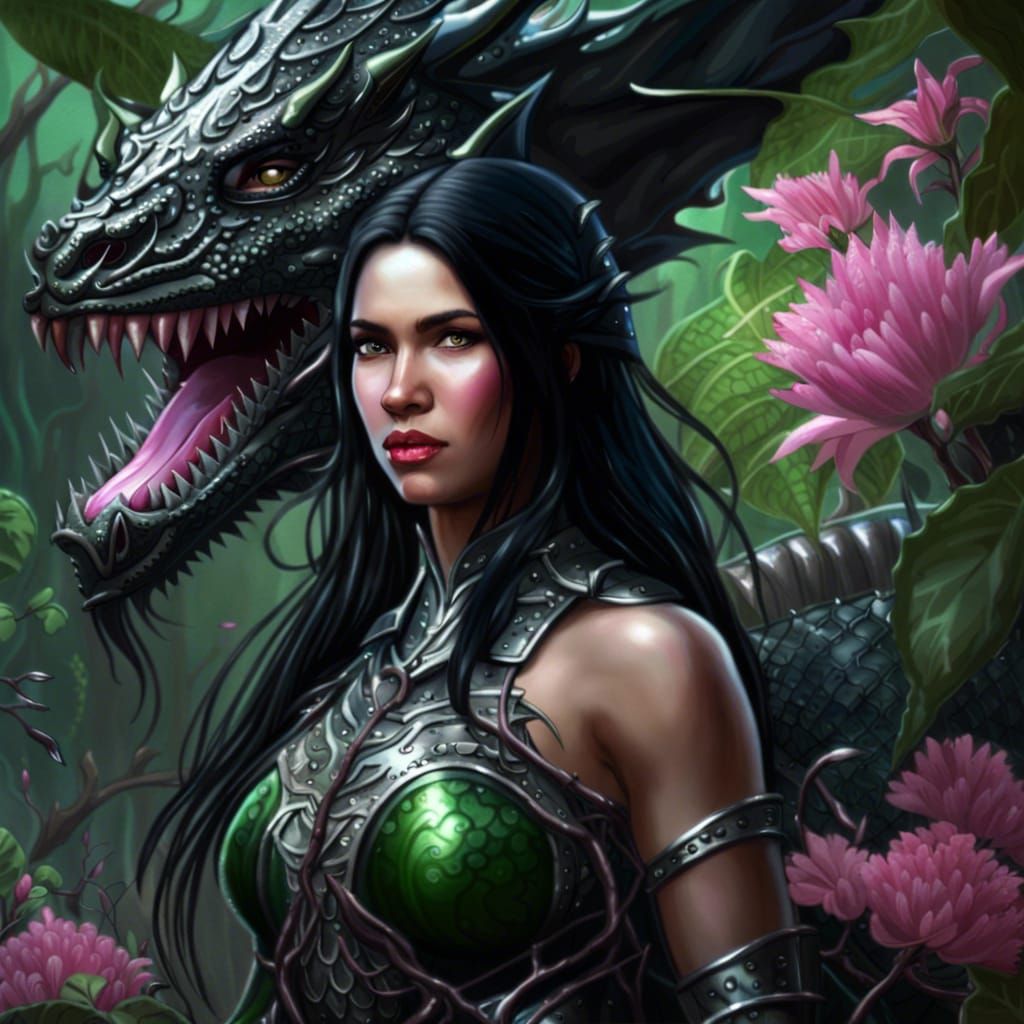 Woman and Black Dragon in Swampy Marsh