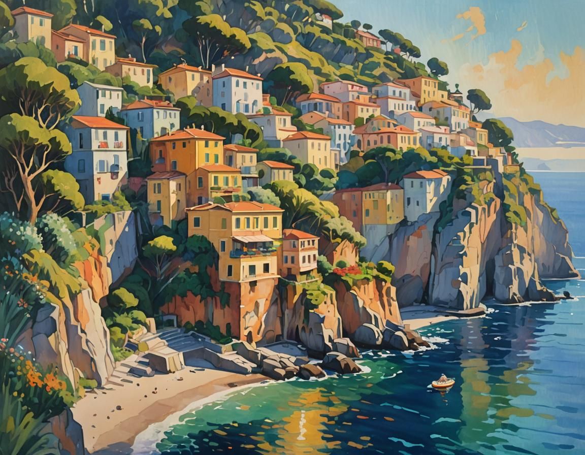 Sorrento Cliffs: Impressionist Gouache Masterpiece