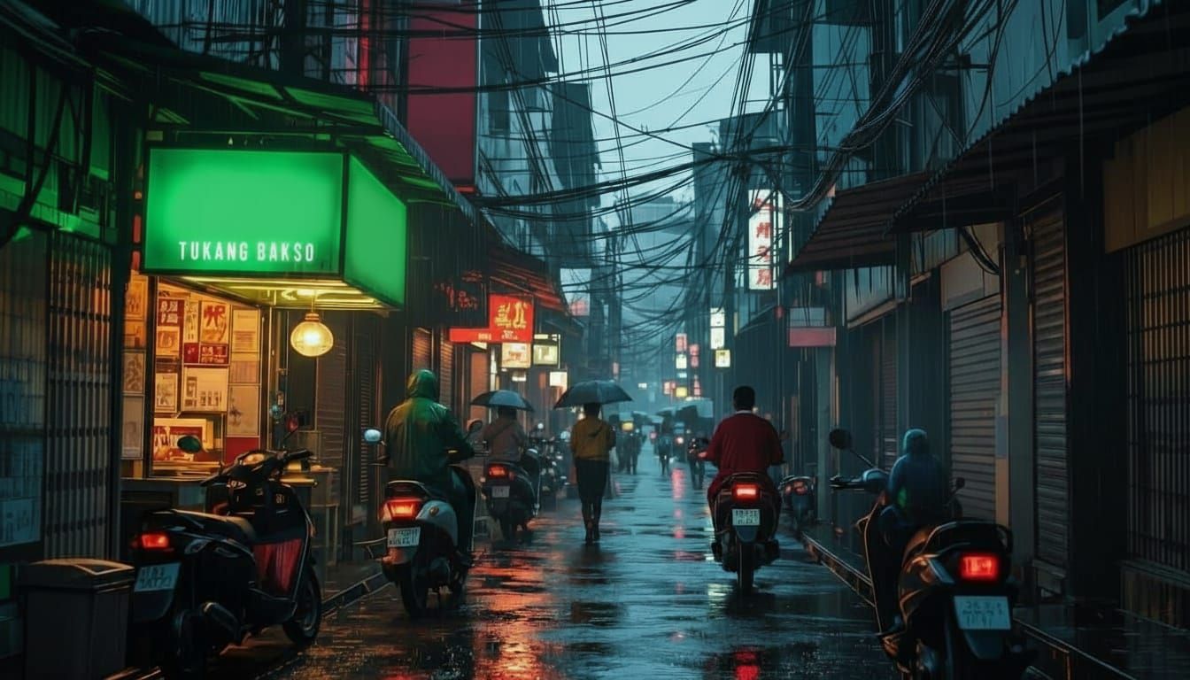 Rainy Jakarta Alley: Noir Retro-Futuristic Street Scene