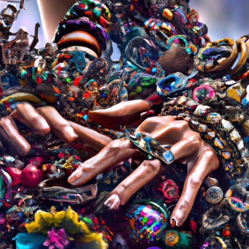 Ornate Jewelry on Woman's Hand: Maximalist Digital Art