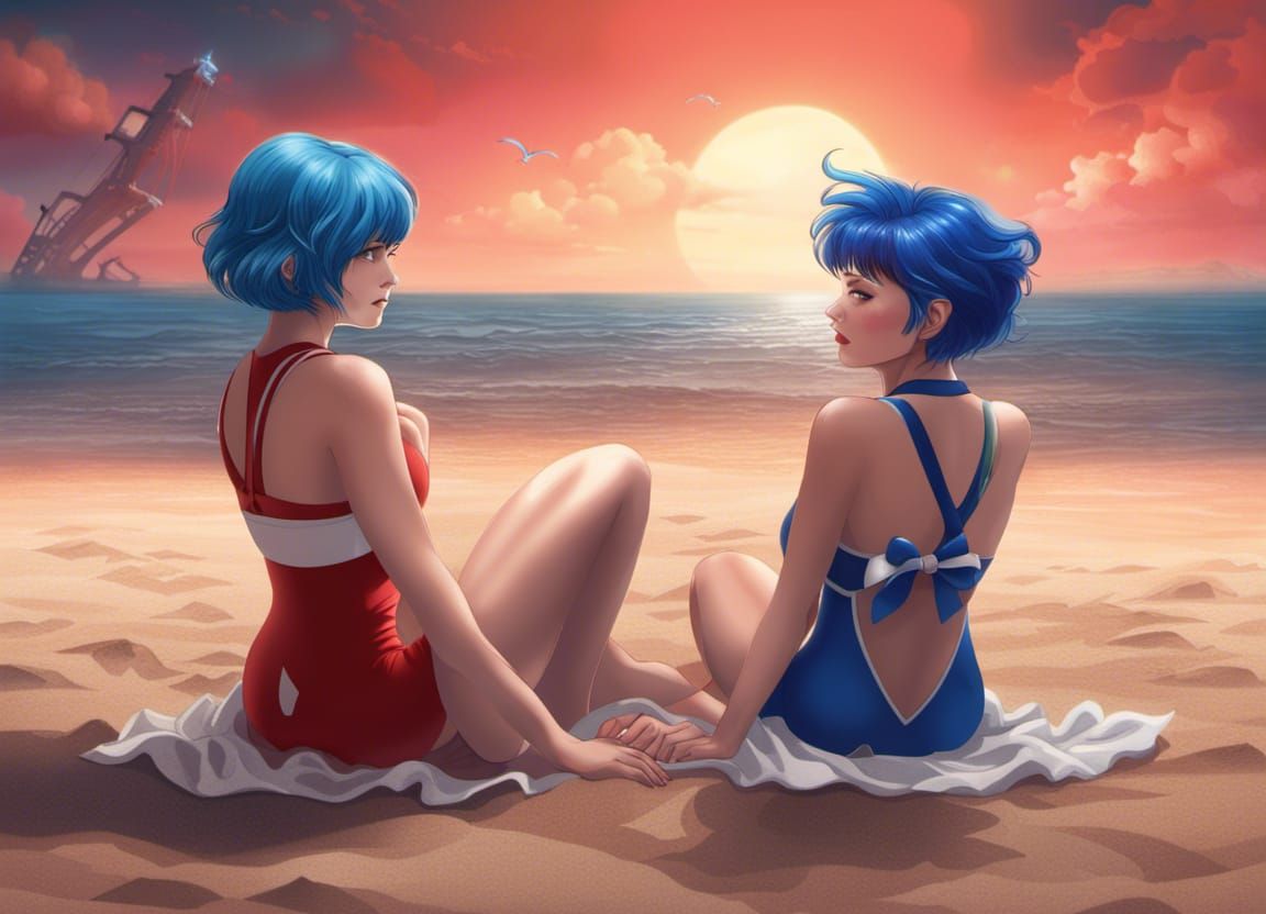 Anime Girls on Beach in Detailed Digital Painting