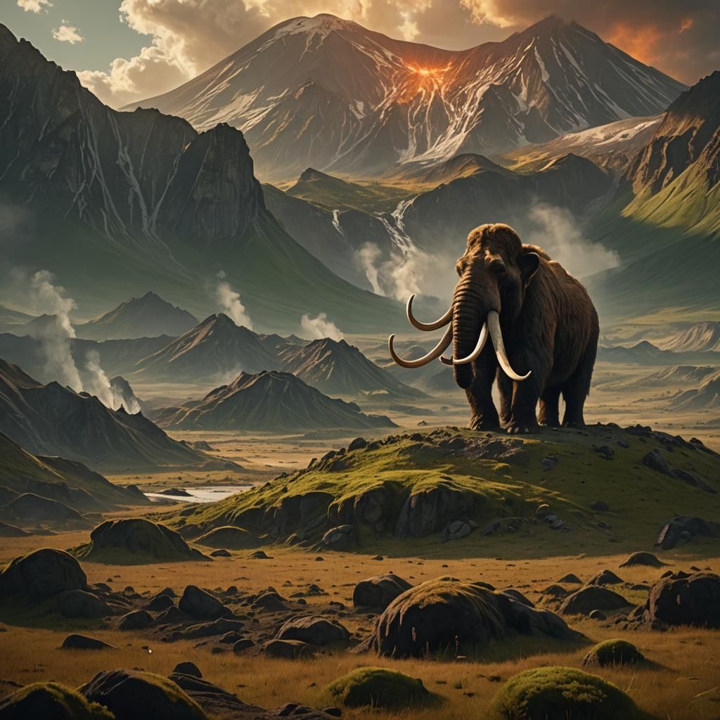 Woolly Mammoth in Prehistoric Volcanic Landscape