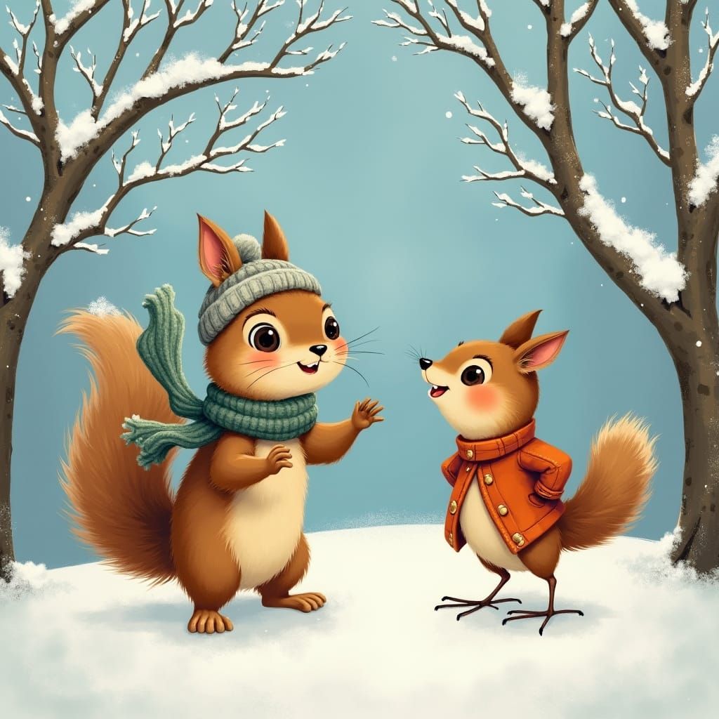 Squirrel and Robin in Winter Wonderland Illustration