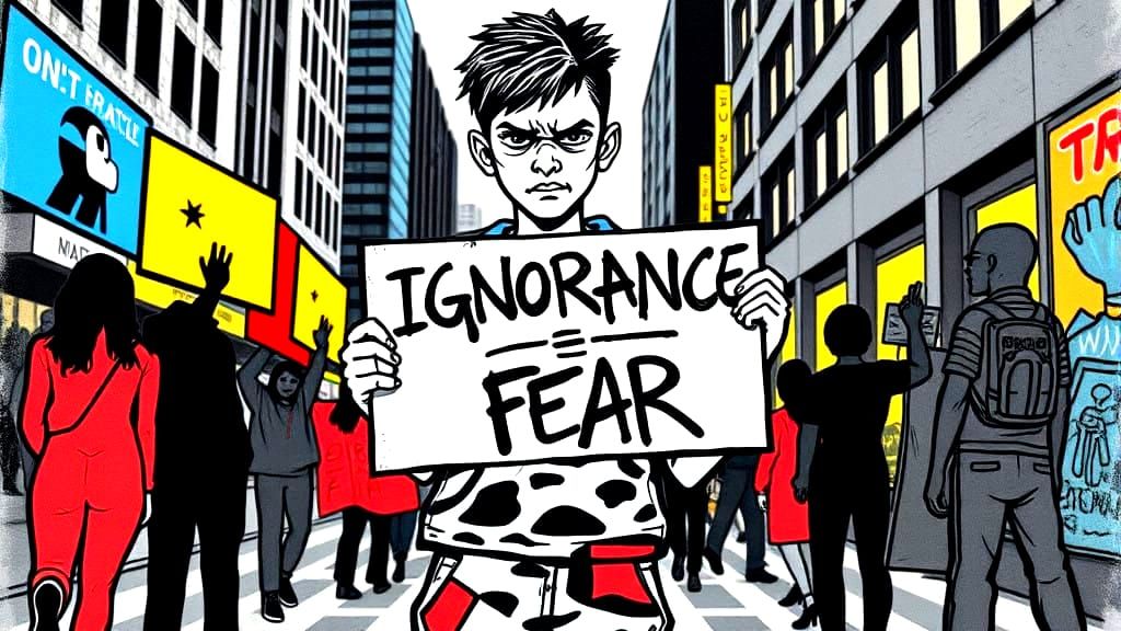 Fearless Protester Confronts Ignorance in Dynamic Cityscape