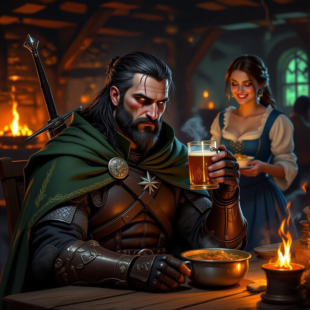 Zerrikanian Witcher in Tavern with Swords