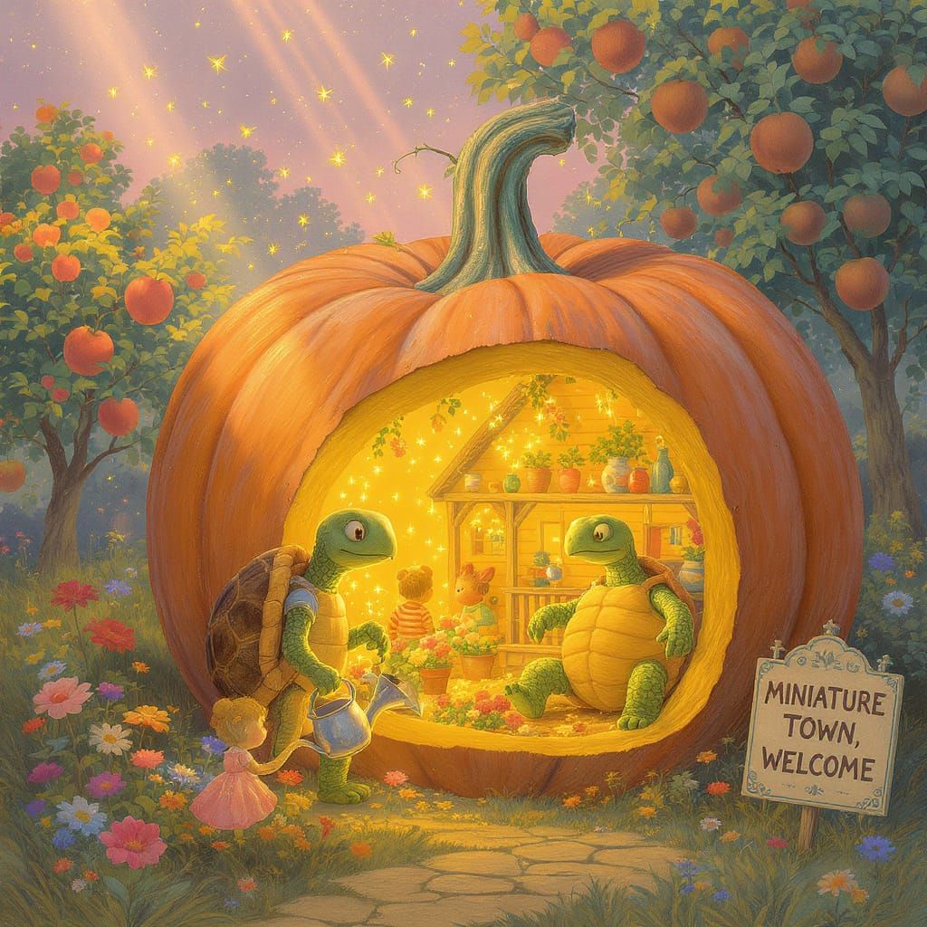 Charming Miniature Town Inside a Pumpkin, Dreamlike Painting