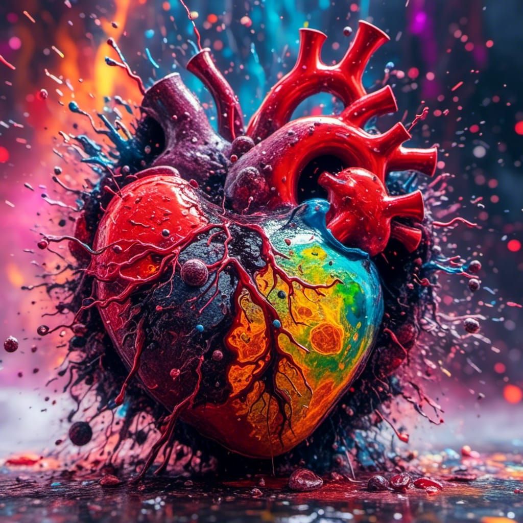 Surreal Rainbow Heart Disintegration: Digital Art