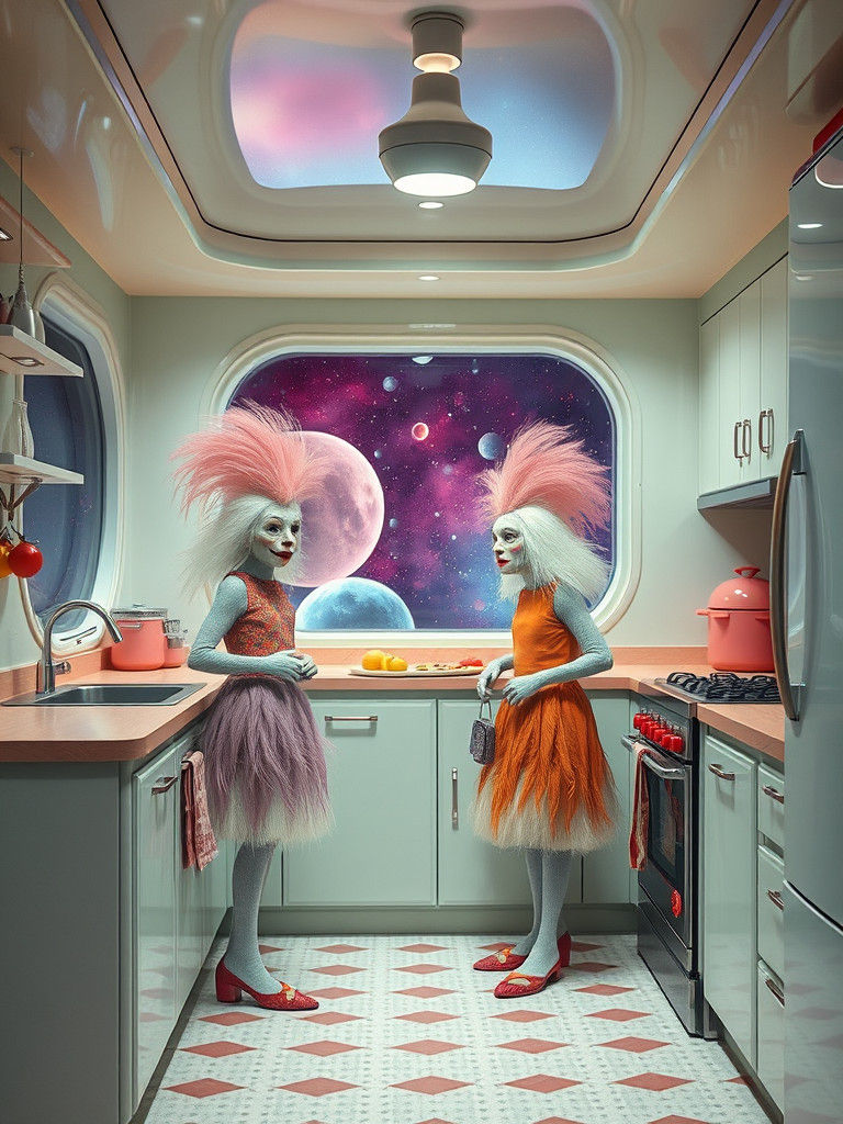 Retrofuturistic Space Kitchen with Beatniks in MCM Style