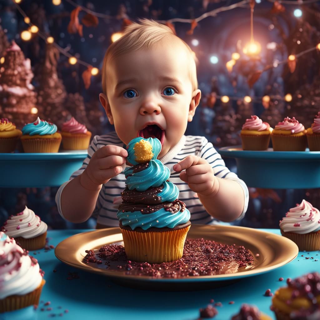 Baby Eating Cupcake: Detailed Fantasy Concept Art
