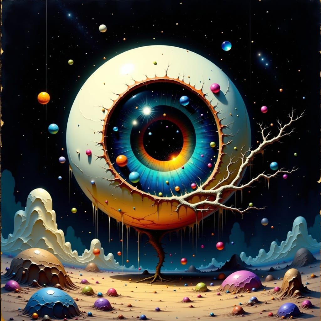 Surreal Eyeball Reflecting Galaxy in Cosmic Void